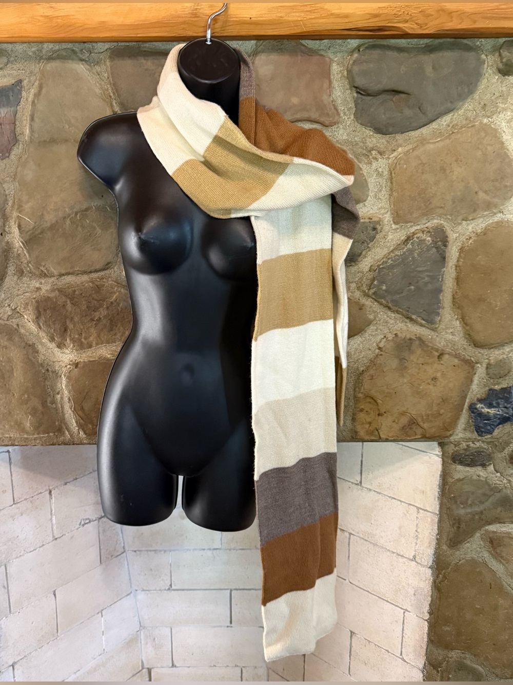 Striped Neutral Knit Scarf - Cream, Tan & Brown